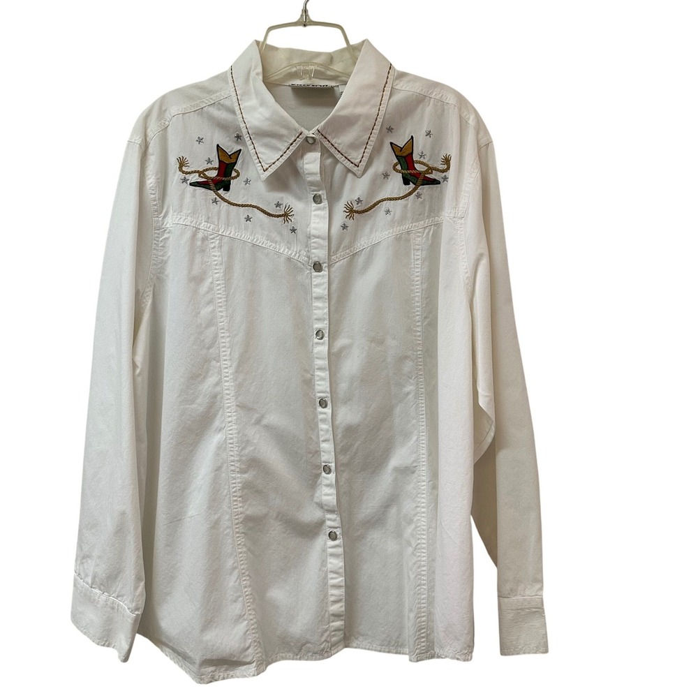 Bill Blass Jeans White Embroidered Western Cowboy Boot Snap Shirt Plus 2X